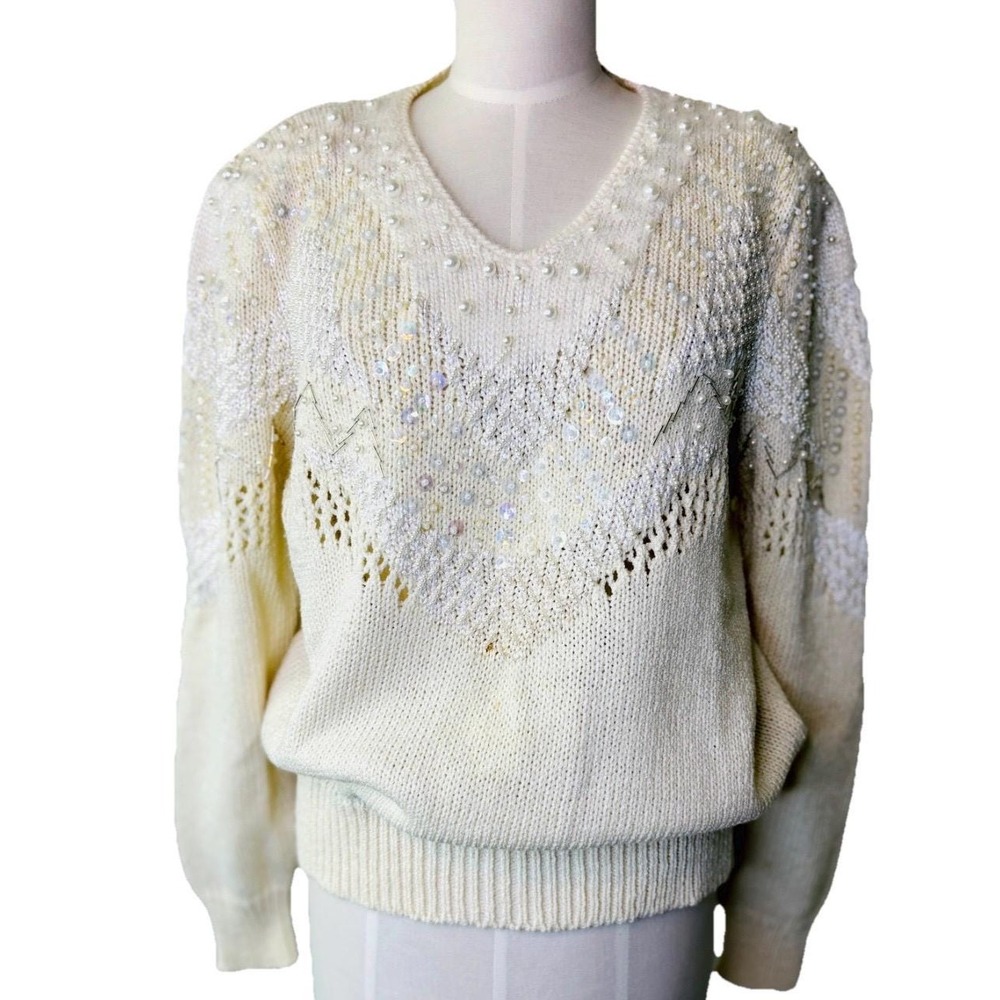 Vintage Christine‎ Women's Angora Blend Cream sequin & beaded Sweater